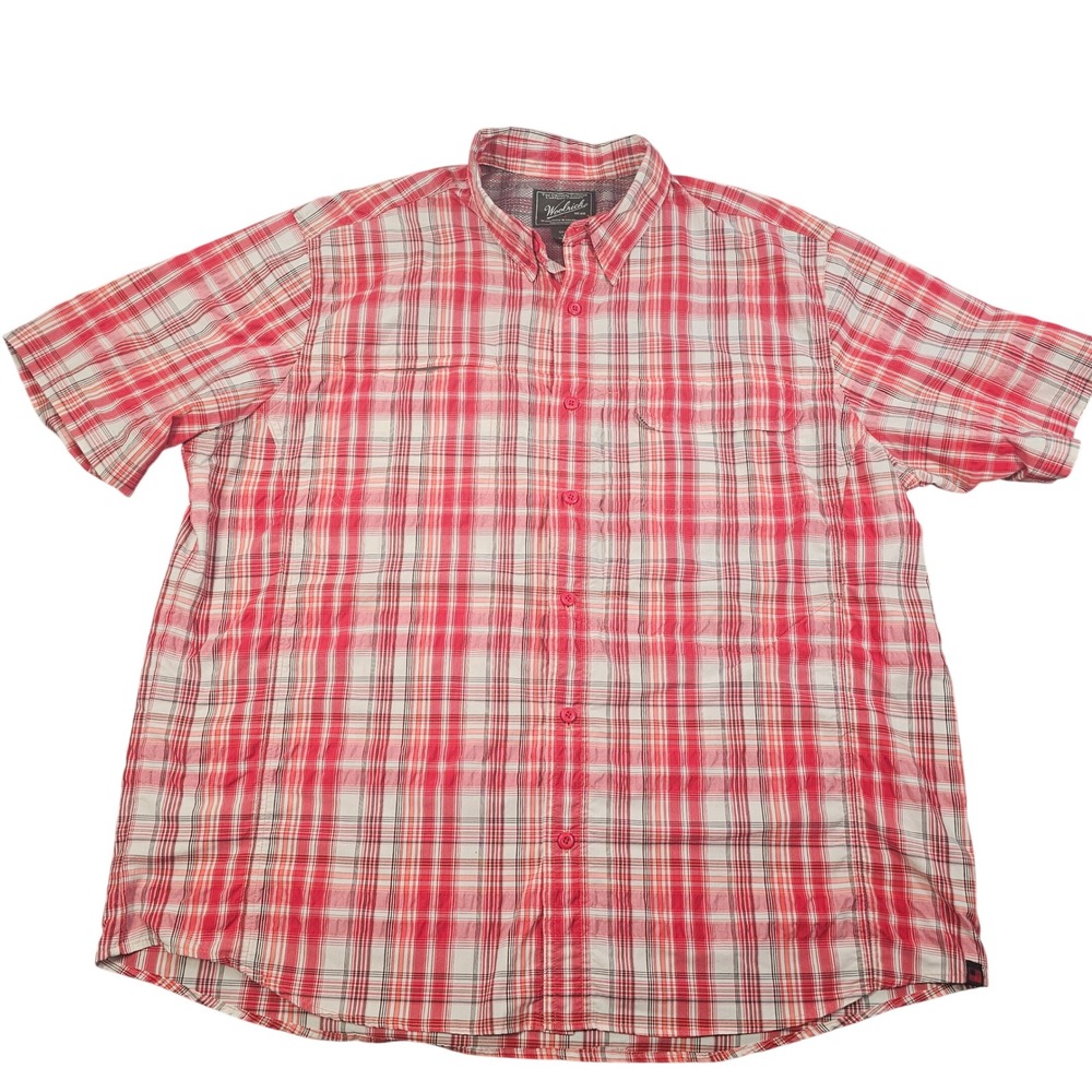 Woolrich Mens XL Red White Plaid Short Sleeve Button Down Mesh Back Hiking Shirt